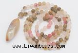 GMN4201 Hand-knotted 8mm, 10mm matte volcano cherry quartz 108 beads mala necklace with pendant