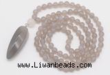 GMN4207 Hand-knotted 8mm, 10mm matte grey agate 108 beads mala necklace with pendant