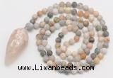 GMN4209 Hand-knotted 8mm, 10mm matte bamboo leaf agate 108 beads mala necklace with pendant