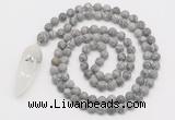 GMN4219 Hand-knotted 8mm, 10mm matte grey picture jasper 108 beads mala necklace with pendant