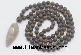 GMN4223 Hand-knotted 8mm, 10mm matte bronzite 108 beads mala necklace with pendant