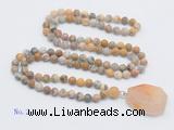 GMN4411 Hand-knotted 8mm, 10mm matte yellow crazy agate 108 beads mala necklace with pendant