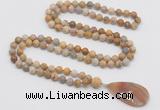 GMN4412 Hand-knotted 8mm, 10mm matte fossil coral 108 beads mala necklace with pendant