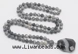 GMN4420 Hand-knotted 8mm, 10mm matte black water jasper 108 beads mala necklace with pendant