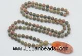 GMN4424 Hand-knotted 8mm, 10mm matte unakite 108 beads mala necklace with pendant