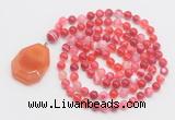 GMN4606 Hand-knotted 8mm, 10mm red banded agate 108 beads mala necklace with pendant