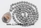 GMN4621 Hand-knotted 8mm, 10mm grey picture jasper 108 beads mala necklace with pendant