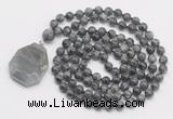 GMN4633 Hand-knotted 8mm, 10mm black labradorite 108 beads mala necklace with pendant