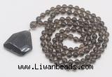 GMN4648 Hand-knotted 8mm, 10mm smoky quartz 108 beads mala necklace with pendant