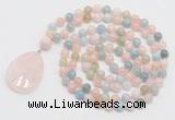 GMN4655 Hand-knotted 8mm, 10mm morganite 108 beads mala necklace with pendant