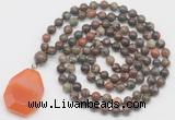 GMN4668 Hand-knotted 8mm, 10mm ocean agate 108 beads mala necklace with pendant