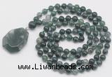 GMN4669 Hand-knotted 8mm, 10mm moss agate 108 beads mala necklace with pendant