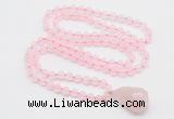 GMN4808 Hand-knotted 8mm, 10mm rose quartz 108 beads mala necklace with pendant