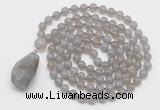 GMN4825 Hand-knotted 8mm, 10mm grey agate 108 beads mala necklace with pendant