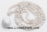 GMN4829 Hand-knotted 8mm, 10mm white crazy agate 108 beads mala necklace with pendant