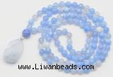 GMN4908 Hand-knotted 8mm, 10mm blue banded agate 108 beads mala necklace with pendant