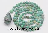 GMN4914 Hand-knotted 8mm, 10mm grass agate 108 beads mala necklace with pendant