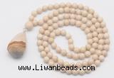 GMN4920 Hand-knotted 8mm, 10mm white fossil jasper 108 beads mala necklace with pendant