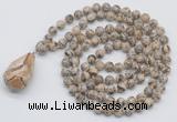 GMN4925 Hand-knotted 8mm, 10mm feldspar 108 beads mala necklace with pendant