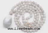 GMN5010 Hand-knotted 8mm, 10mm matte white crazy agate 108 beads mala necklace with pendant