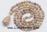 GMN5012 Hand-knotted 8mm, 10mm matte fossil coral 108 beads mala necklace with pendant