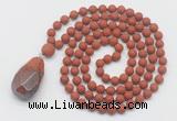 GMN5016 Hand-knotted 8mm, 10mm matte red jasper 108 beads mala necklace with pendant