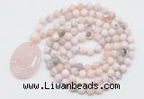 GMN5057 Hand-knotted 8mm, 10mm matte natural pink opal 108 beads mala necklace with pendant