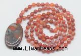 GMN5063 Hand-knotted 8mm, 10mm fire agate 108 beads mala necklace with pendant