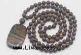 GMN5128 Hand-knotted 8mm, 10mm matte bronzite 108 beads mala necklace with pendant