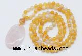 GMN5150 Hand-knotted 8mm, 10mm yellow banded agate 108 beads mala necklace with pendant