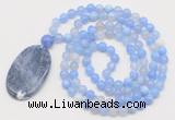 GMN5153 Hand-knotted 8mm, 10mm blue banded agate 108 beads mala necklace with pendant