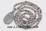 GMN5210 Hand-knotted 8mm, 10mm silver needle agate 108 beads mala necklace with pendant