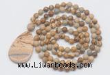 GMN5223 Hand-knotted 8mm, 10mm picture jasper 108 beads mala necklace with pendant