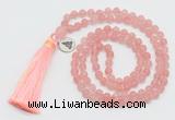 GMN5706 Hand-knotted 6mm matte cherry quartz 108 beads mala necklaces with tassel & charm