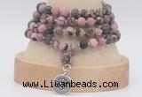 GMN5812 Hand-knotted 6mm matter rhodonite 108 beads mala necklaces with charm