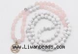 GMN6003 Knotted 8mm, 10mm rose quartz & white howlite 108 beads mala necklace with charm