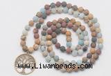 GMN6006 Knotted 8mm, 10mm matte mixed amazonite & jasper 108 beads mala necklace with charm