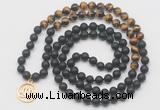 GMN6011 Knotted 8mm, 10mm matte black agate & yellow tiger eye 108 beads mala necklace with charm