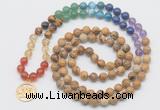 GMN6025 Knotted 7 Chakra 8mm, 10mm picture jasper 108 beads mala necklace with charm