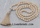 GMN604 Hand-knotted 8mm, 10mm white fossil jasper 108 beads mala necklaces with tassel