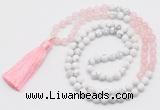 GMN6102 Knotted 8mm, 10mm rose quartz & white howlite 108 beads mala necklace with tassel