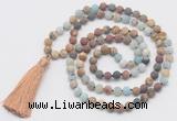 GMN6106 Knotted 8mm, 10mm matte mixed amazonite & jasper 108 beads mala necklace with tassel