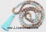 GMN6107 Knotted 8mm, 10mm matte amazonite & jasper 108 beads mala necklace with tassel