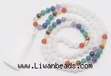 GMN6119 Knotted 7 Chakra 8mm, 10mm white jade 108 beads mala necklace with tassel