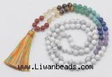 GMN6122 Knotted 7 Chakra 8mm, 10mm white howlite 108 beads mala necklace with tassel