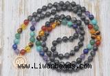 GMN6138 Knotted 7 Chakra 8mm, 10mm black labradorite 108 beads mala necklace with charm