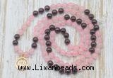 GMN6152 Knotted 8mm, 10mm rose quartz & garnet 108 beads mala necklace with charm