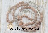 GMN6154 Knotted 8mm, 10mm sunstone, white crystal & white jade 108 beads mala necklace with charm