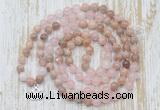 GMN6155 Knotted 8mm, 10mm sunstone, rose quartz & white jade 108 beads mala necklace with charm