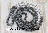 GMN6159 Knotted 8mm, 10mm snowflake obsidian, garnet & matte white howlite 108 beads mala necklace with charm